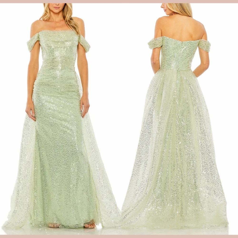 NWT MAC DUGGAL [ 12 ] 20515 Off the Shoulder Sequin Panel‎ Train Gown Sage S2181